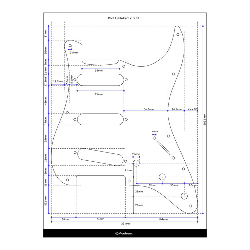Montreux Real Celluloid 74 SC pickguard relic Retrovibe Parts No.256 ピックガード 寸法図