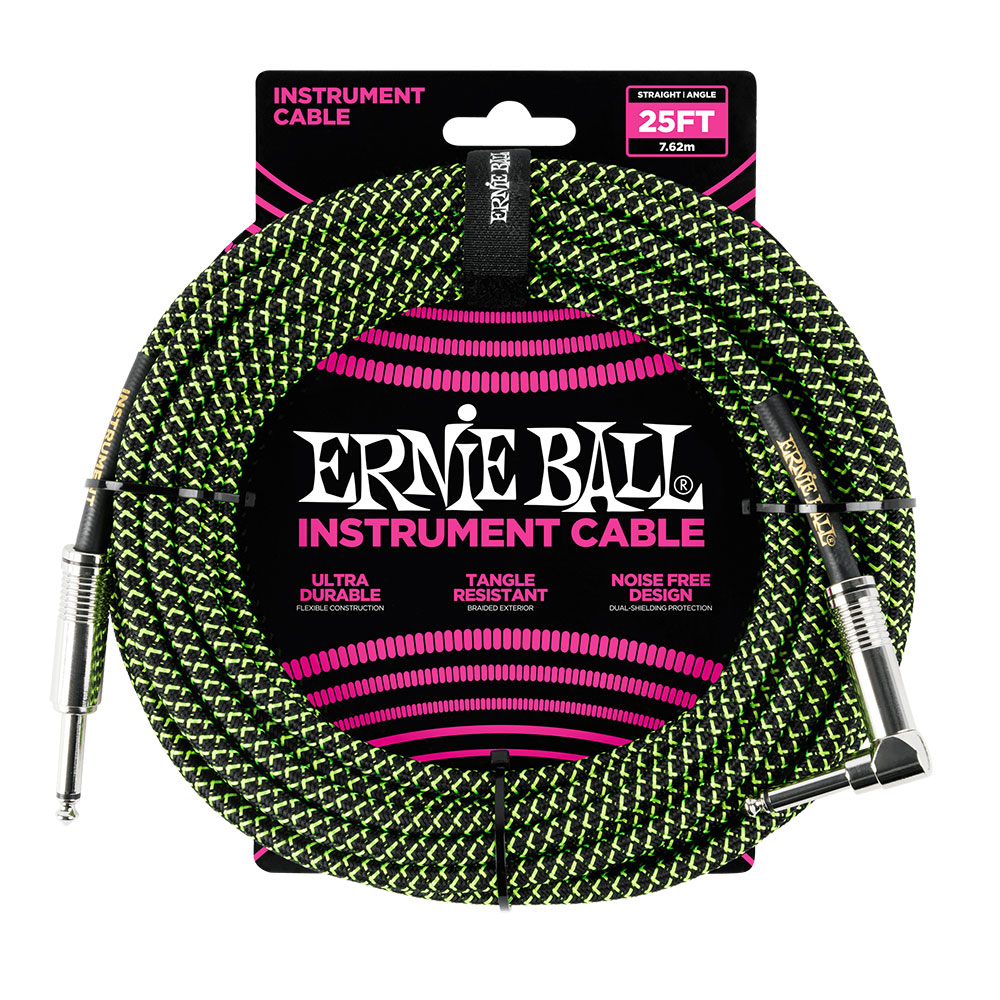 ERNIE BALL #6066 25ft Braided Cables Black / Green ギターケーブル