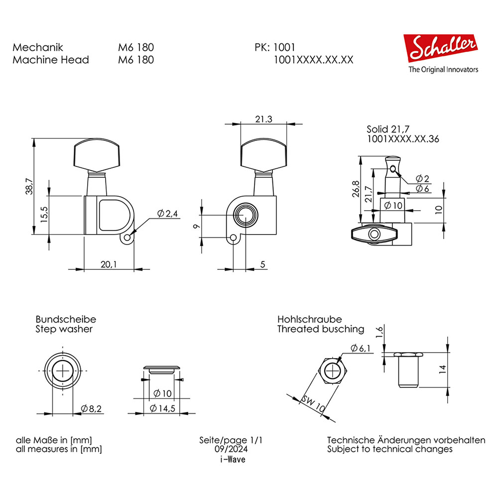 SCHALLER M6 180 RU 3L3R Machine Heads ギター用ペグ 6個セット 寸法図