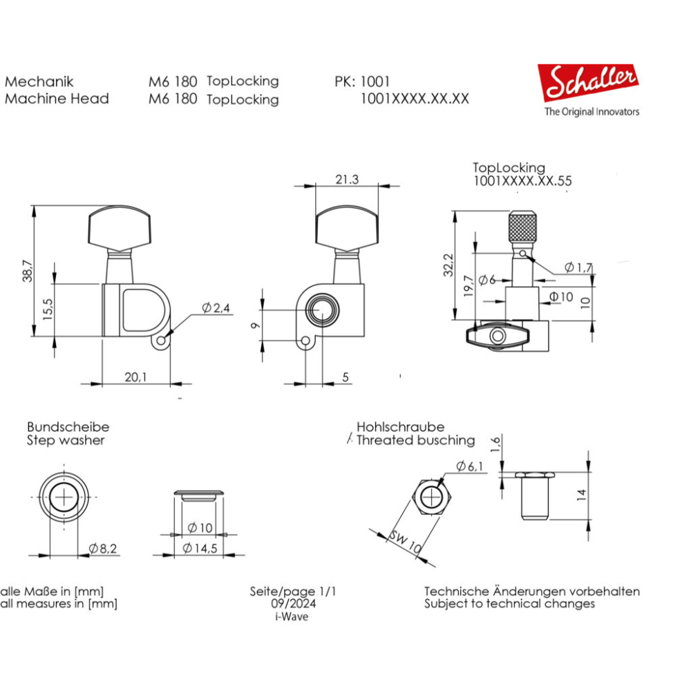 SCHALLER M6 180 TopLocking RU 3L3R Machine Heads ギター用ペグ 6個セット 寸法図画像