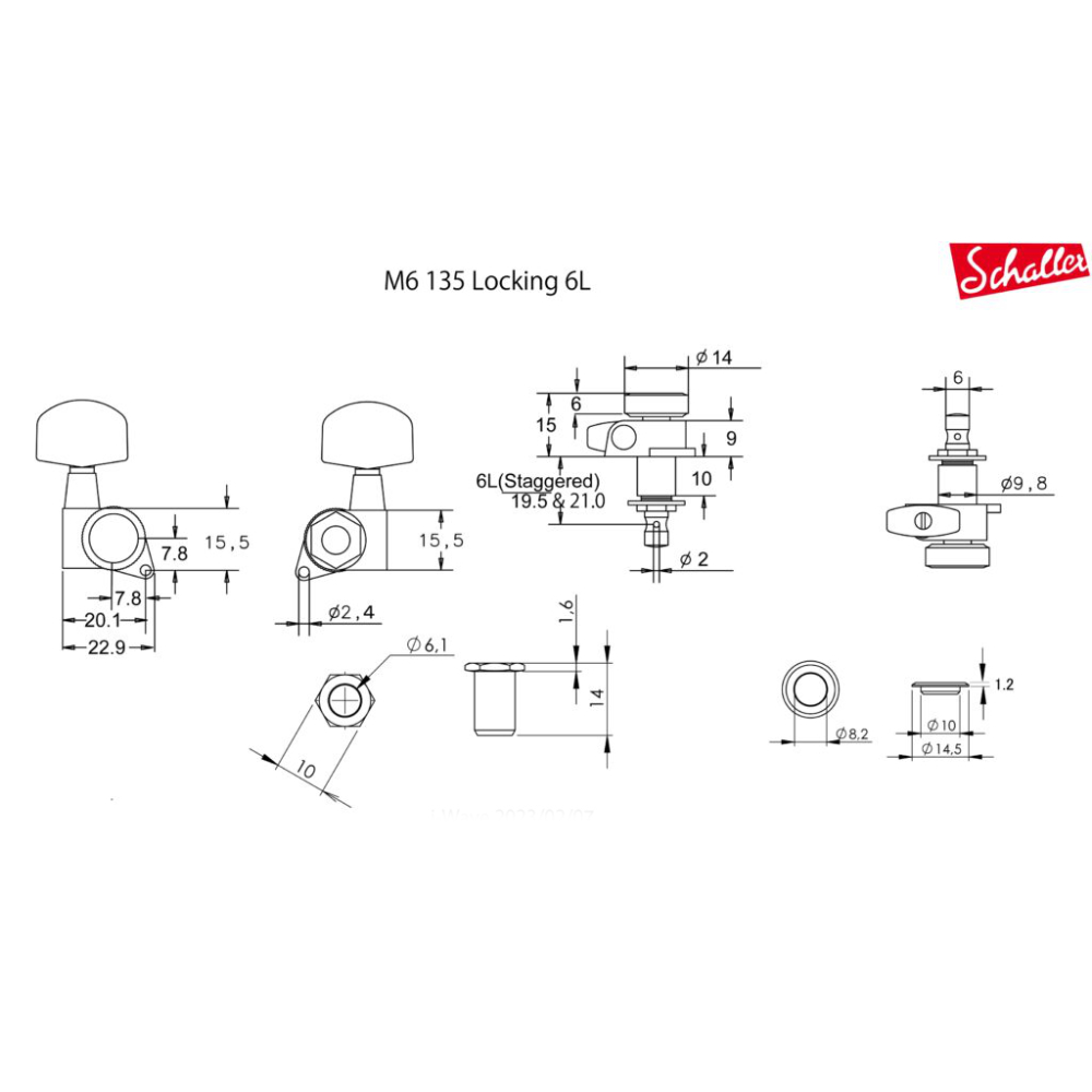 SCHALLER M6 135 Locking CH 6L ギター用ペグ 6個セット 寸法図画像