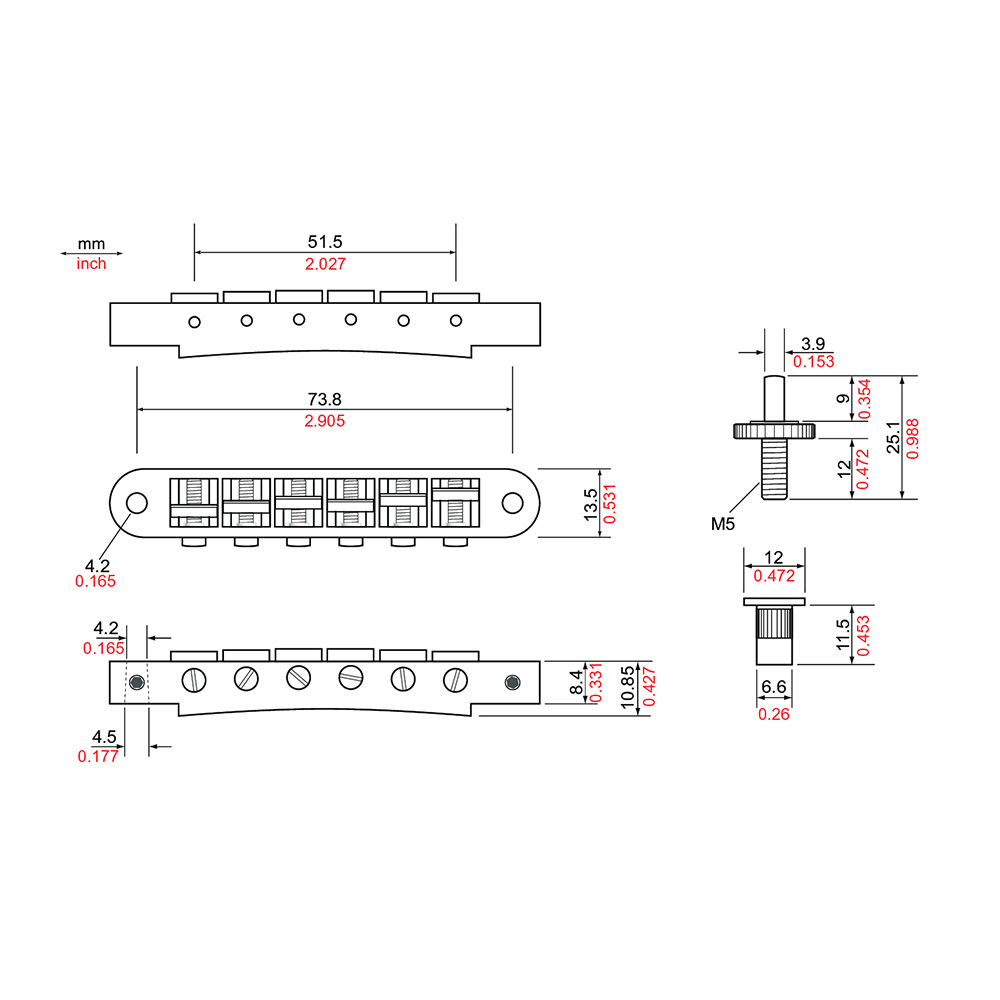 TonePros TP6-N Standard Tuneomatic Bridge ニッケル ギター用ブリッジ 寸法図