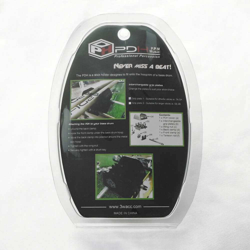 PDH Drum stick holder SW-DSB-308 ドラムスティックホルダー (5A/7A対応) ブリスターパックに入った画像 使用方法