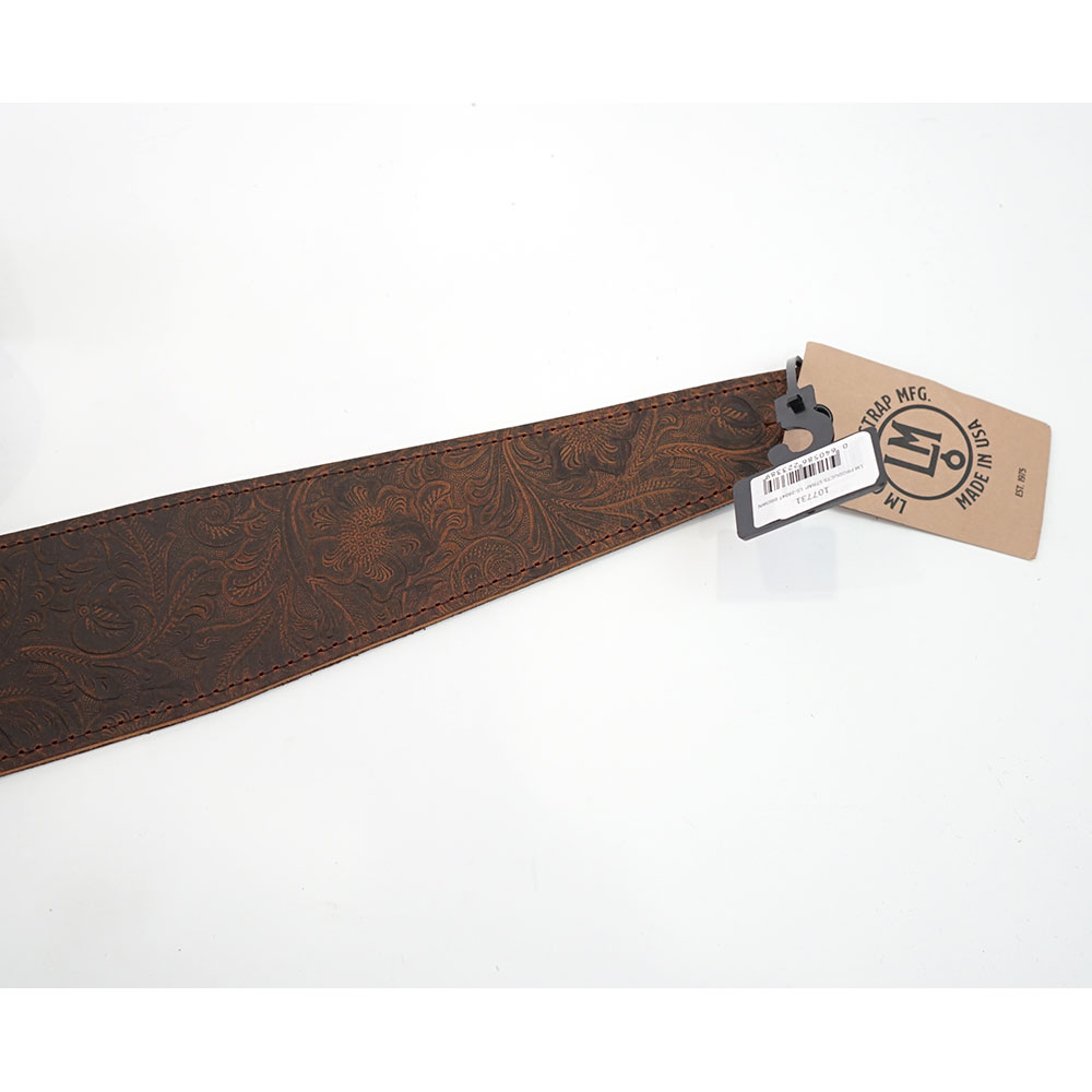LM Products LS-2804T Brown Tooled Leather ギターストラップ ストラップピン部アップ画像