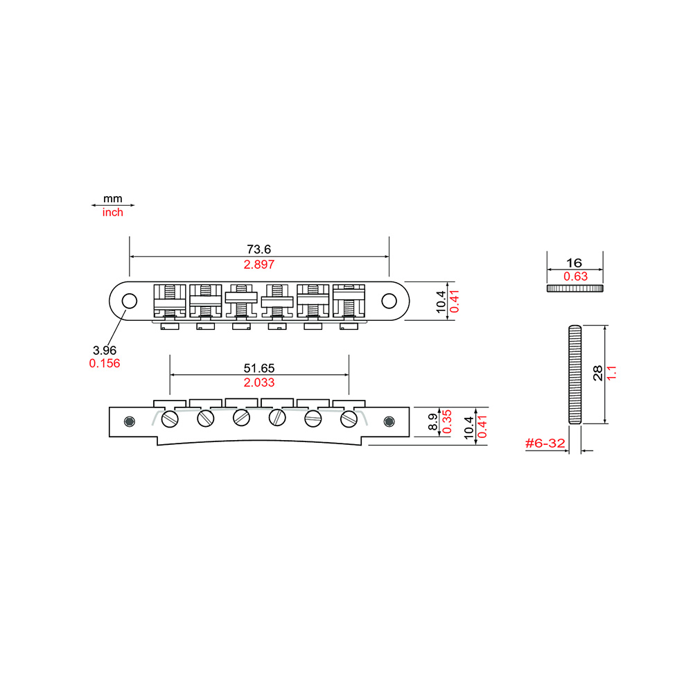 TonePros AVR2-AB Replacement ABR-1 Tuneomatic アンティークブロンズ ギター用ブリッジ 寸法図
