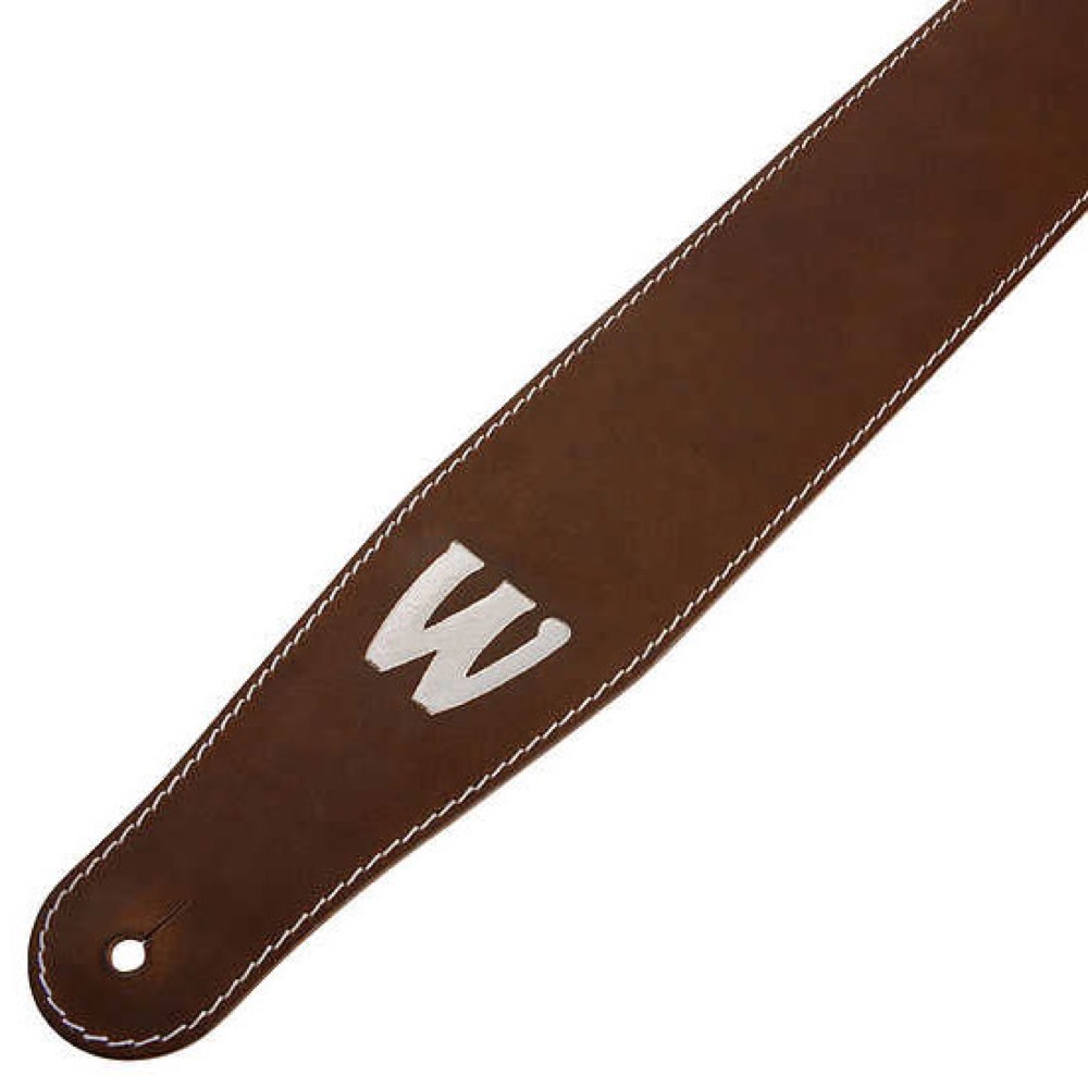 WARWICK Teambuilt Genuine Leather Bass Strap Brown Silver Embossing ベースストラップ ストラップ穴部画像