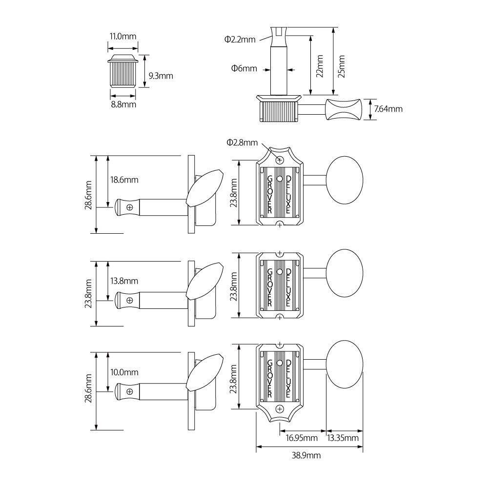 GROVER 133N6 Nickel Deluxe Guitar Machines 133 Series ギター用ペグ 寸法画像 サイズ詳細画像 イラスト