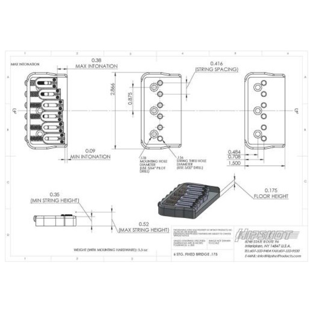 HIPSHOT 6 String Fixed Guitar Bridge Black 0.175 ギター用ブリッジ サイズ表
