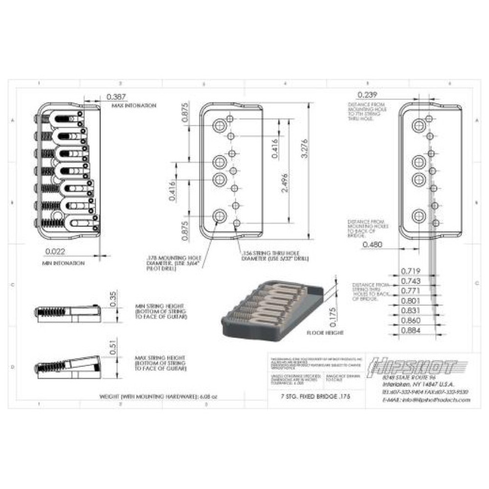 HIPSHOT 7 String Fixed Guitar Bridge Black 0.175 7弦ギター用ブリッジ サイズ表