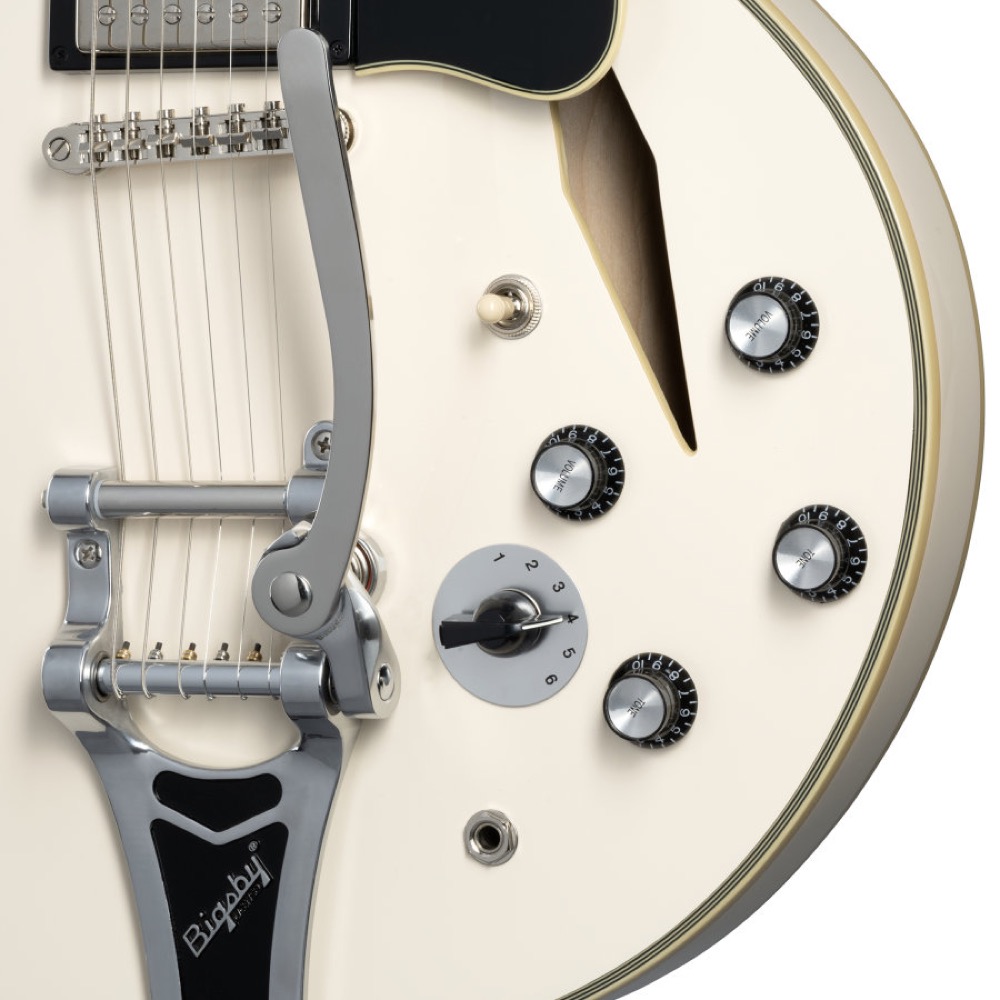 Epiphone エピフォン Shinichi Ubukata ES-355 Custom Bigsby Classic White IGES355CSUCWNB3 生形真一シグネチャーモデル エレキギター コントロールノブ部画像