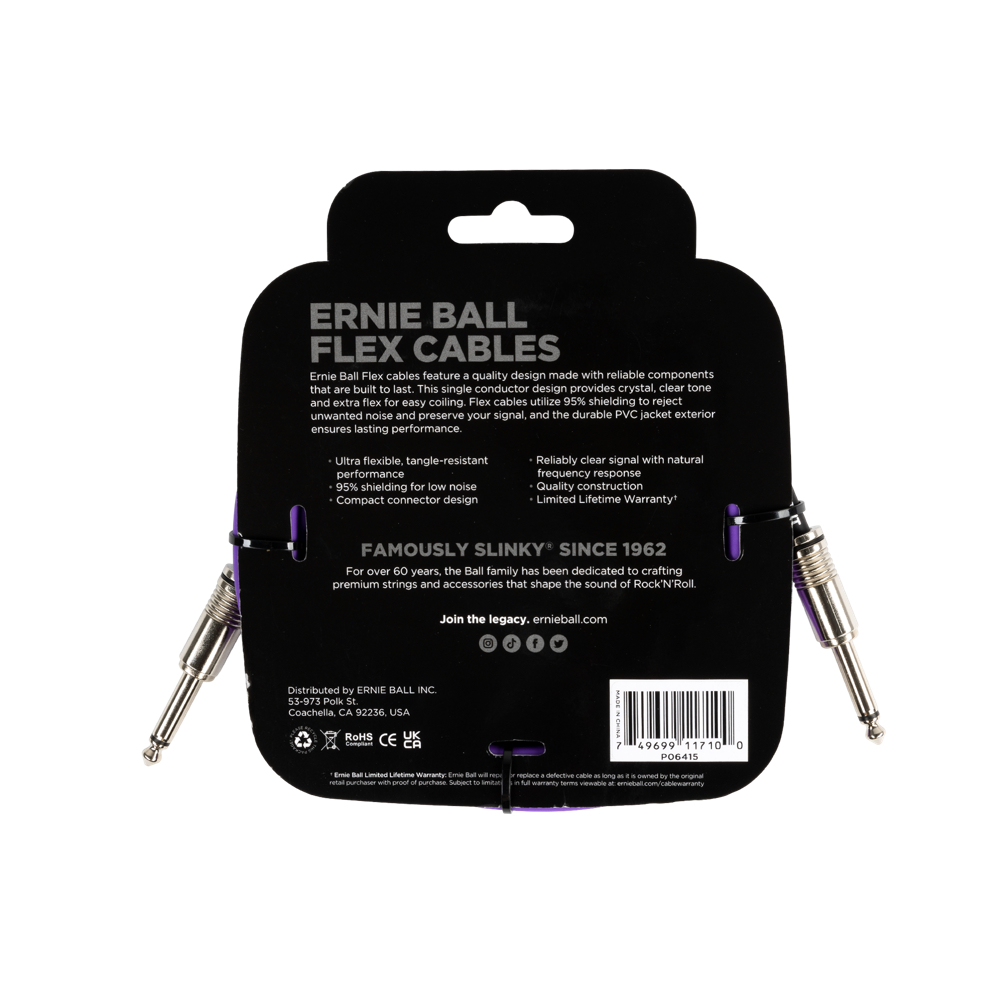 ERNIE BALL アニーボール EB 6415 FLEX CABLE 10’ SS PR 10フィート(約3メートル) 両側ストレートプラグ パープル ギターケーブル パッケージ裏