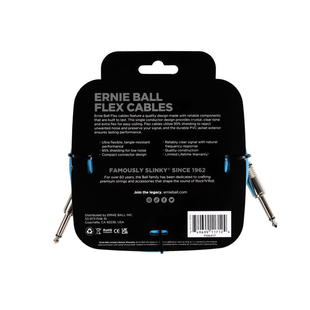 ERNIE BALL アニーボール EB 6417 FLEX CABLE 20’ SS BL 20フィート(約6メートル) 両側ストレートプラグ ブルー ギターケーブル パッケージ裏