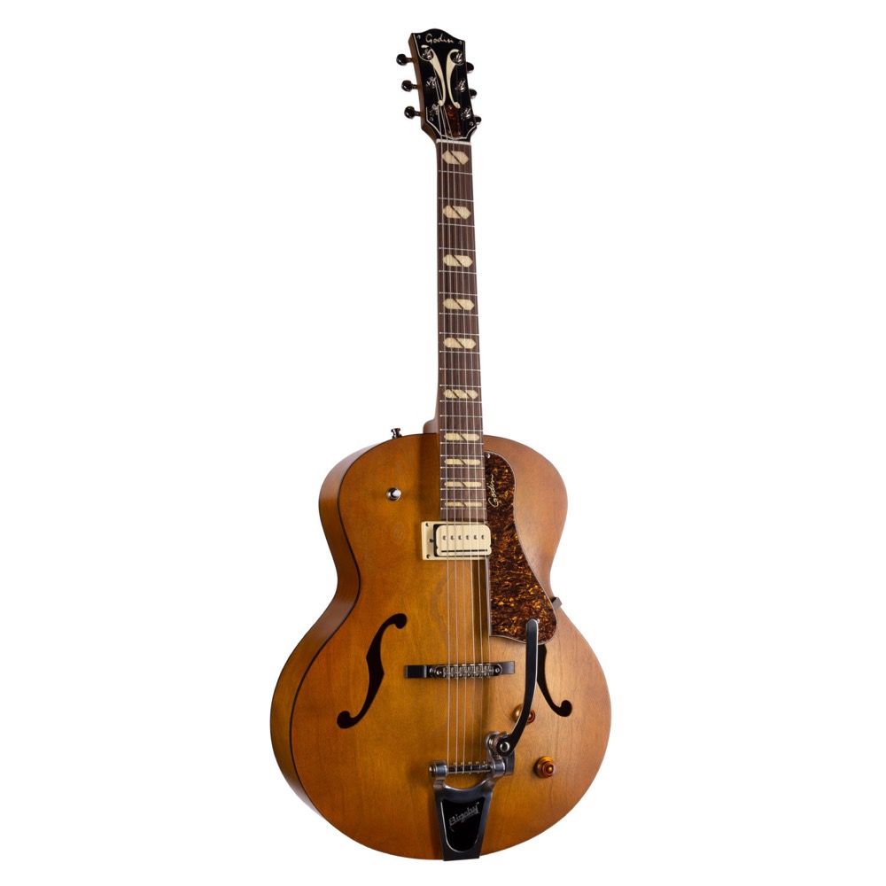 Godin ゴダン 5th Avenue Jumbo P-Rail Harvest Gold エレキギター 斜めアングル画像