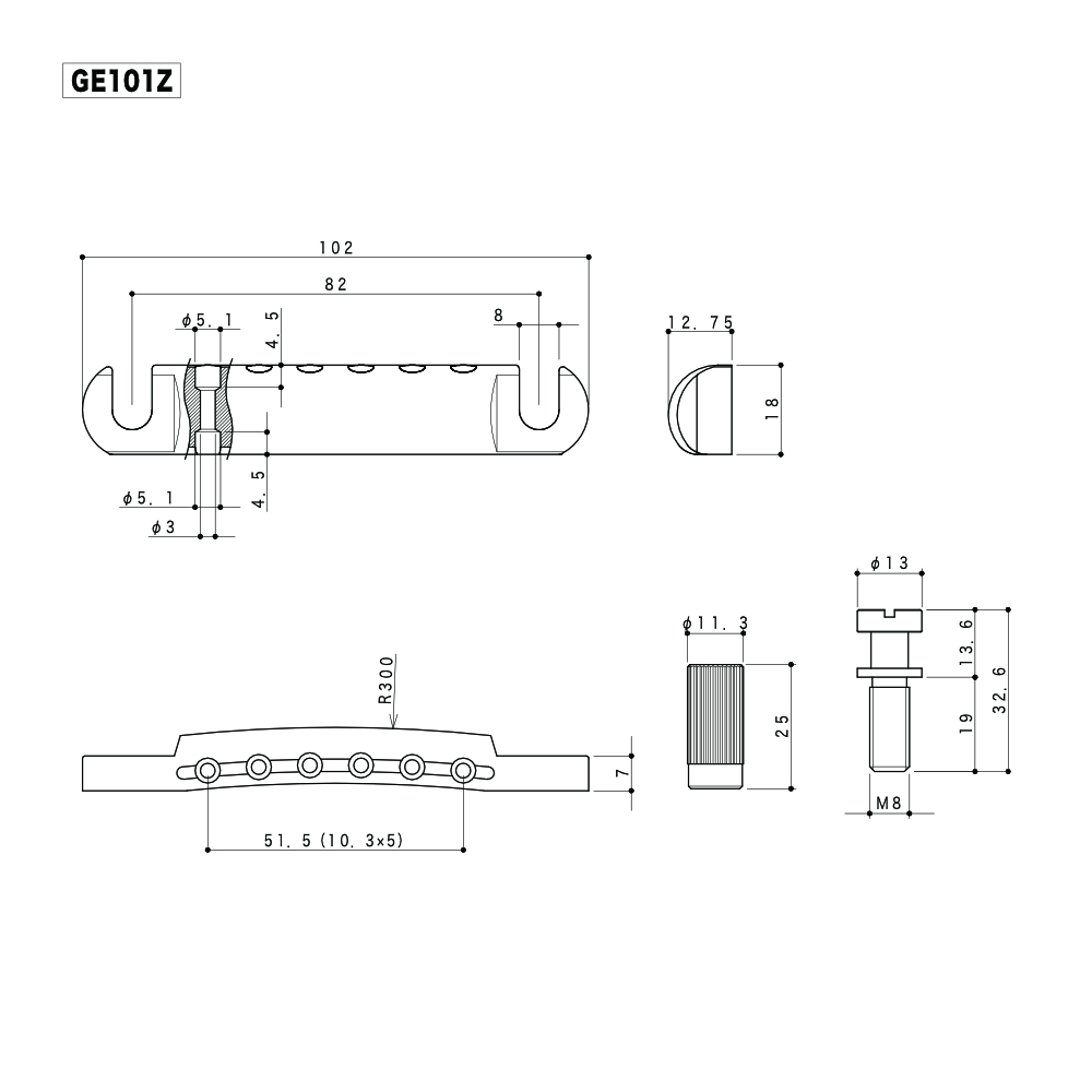 GOTOH ゴトー GE101Z-N テールピース ニッケル 寸法図画像