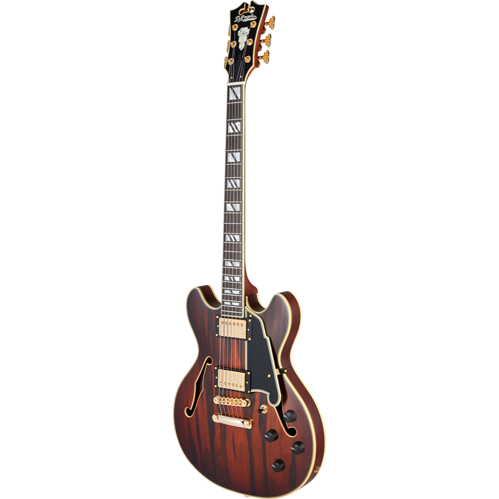 D’Angelico ディアンジェリコ Deluxe Mini DC Satin Brown Burst エレキギター セミアコ 斜めアングル画像