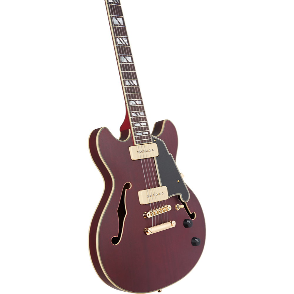 D’Angelico ディアンジェリコ Deluxe Mini DC P-90 Satin Trans Wine エレキギター セミアコ ボディ画像