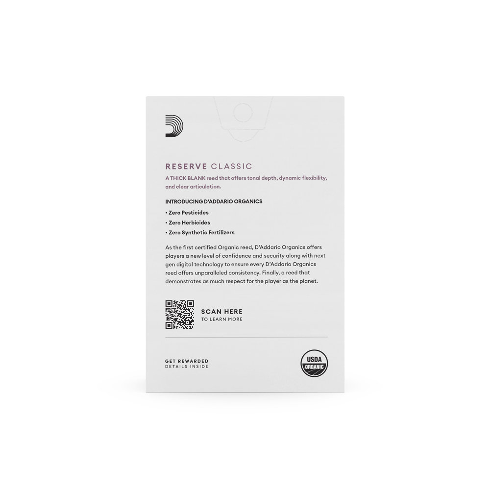 D’Addario Woodwinds ダダリオ ウッドウィンズ B♭クラリネットリード 10枚入り 硬さ:2.5 ダダリオ オーガニックス レゼルヴ クラシック パッケージ裏