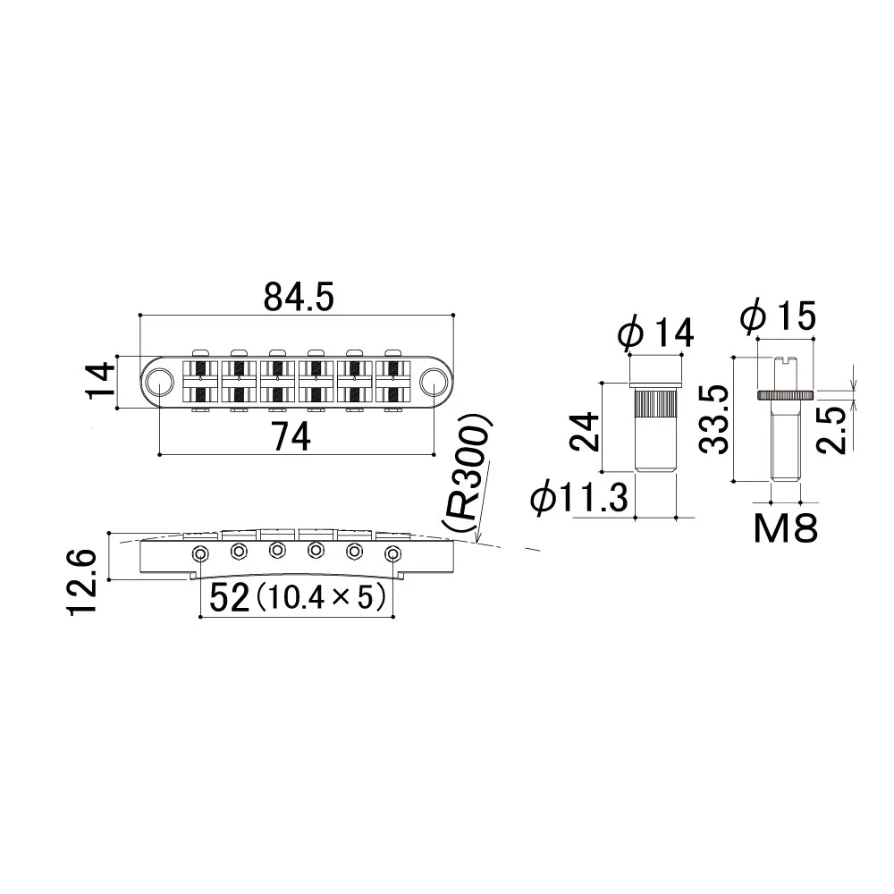 SCUD スカッド GE103BTC-BS ギター用ブリッジ クローム サイズ図画像