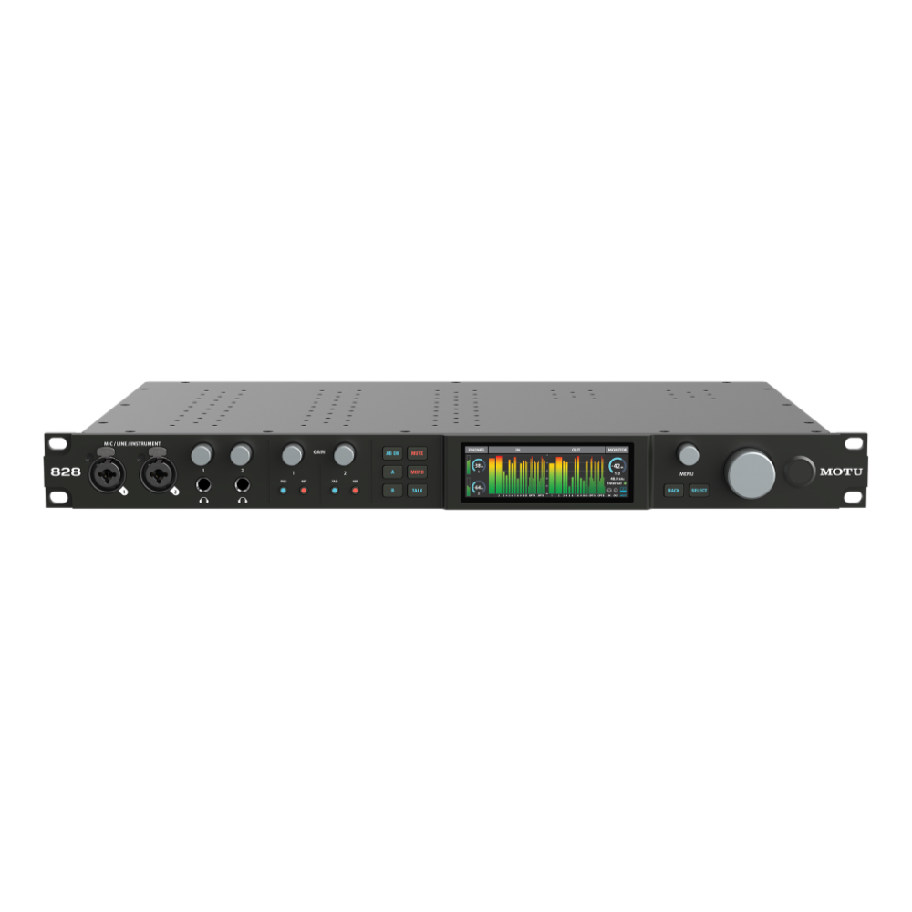 MOTU 828 28×32入出力 USB3オーディオインターフェイス スタンドアローンミキサー&コンバーター 斜めアングル画像