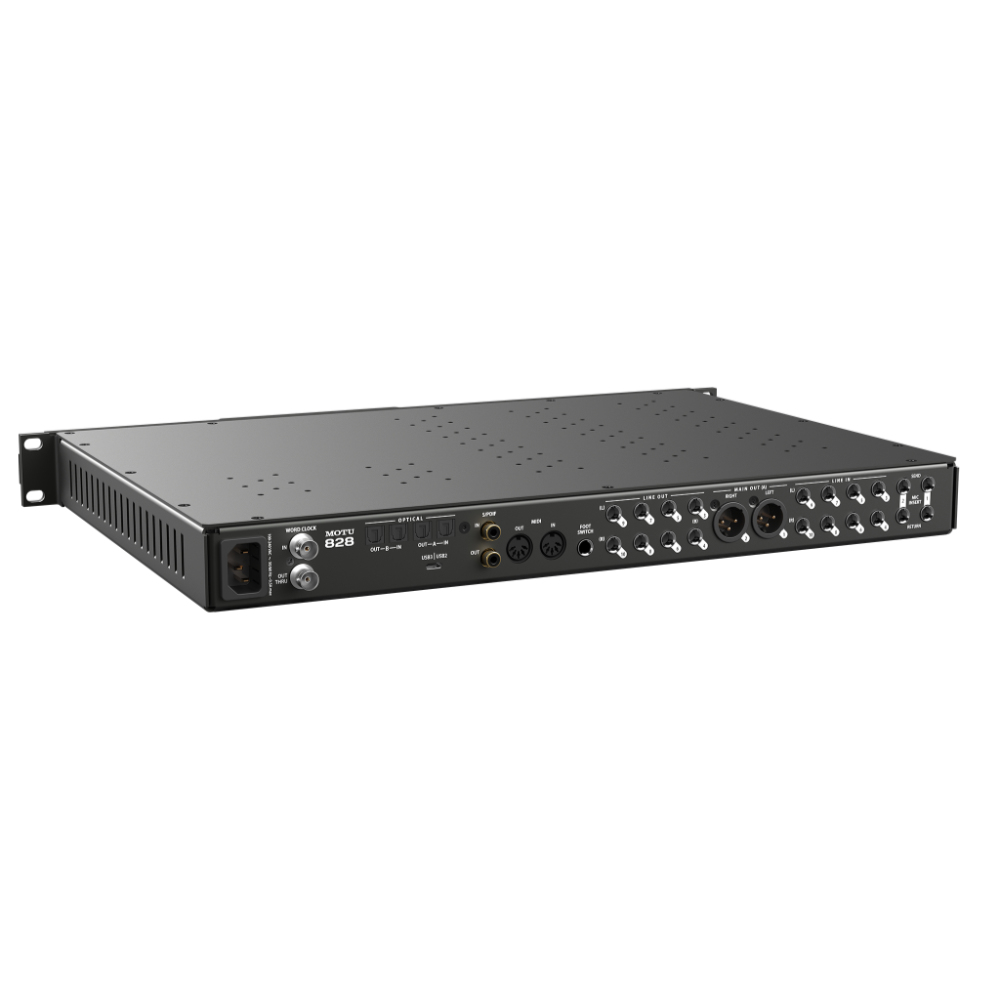 MOTU 828 28×32入出力 USB3オーディオインターフェイス スタンドアローンミキサー&コンバーター リア左斜めアングル画像