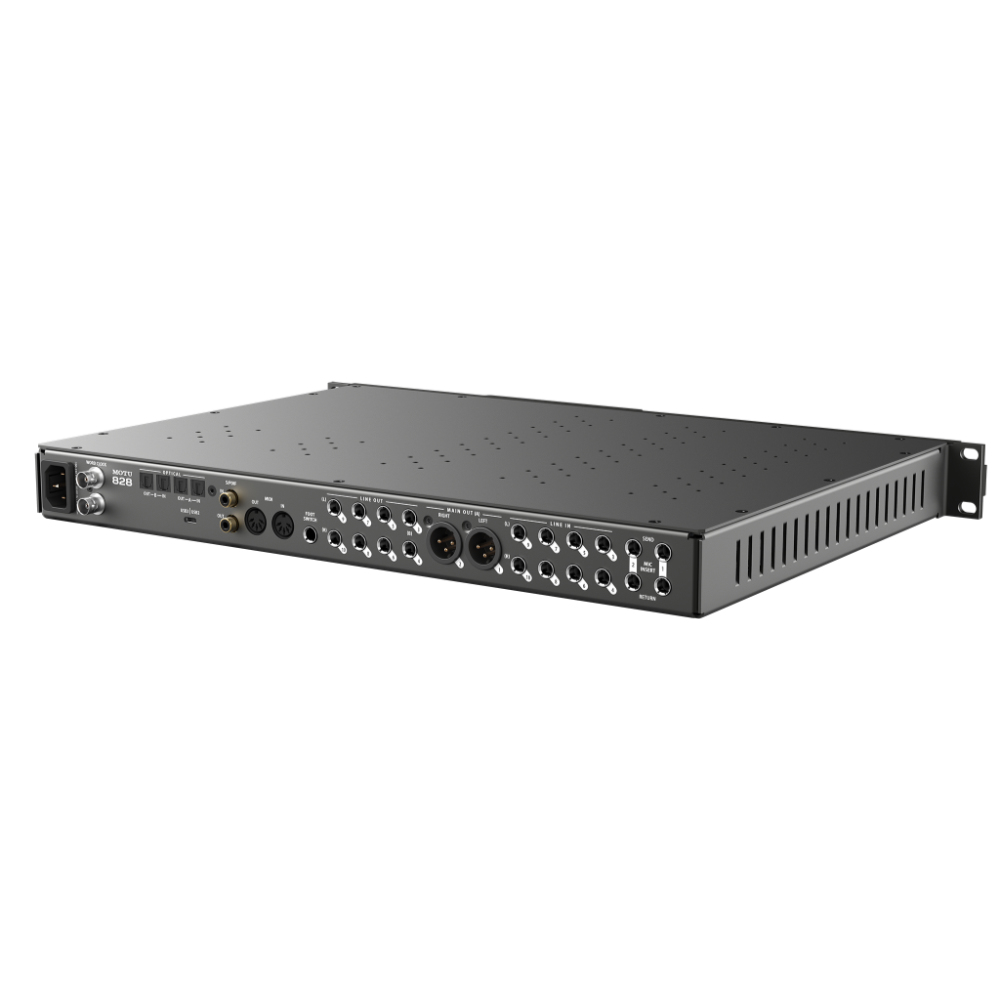MOTU 828 28×32入出力 USB3オーディオインターフェイス スタンドアローンミキサー&コンバーター リア右斜めアングル画像
