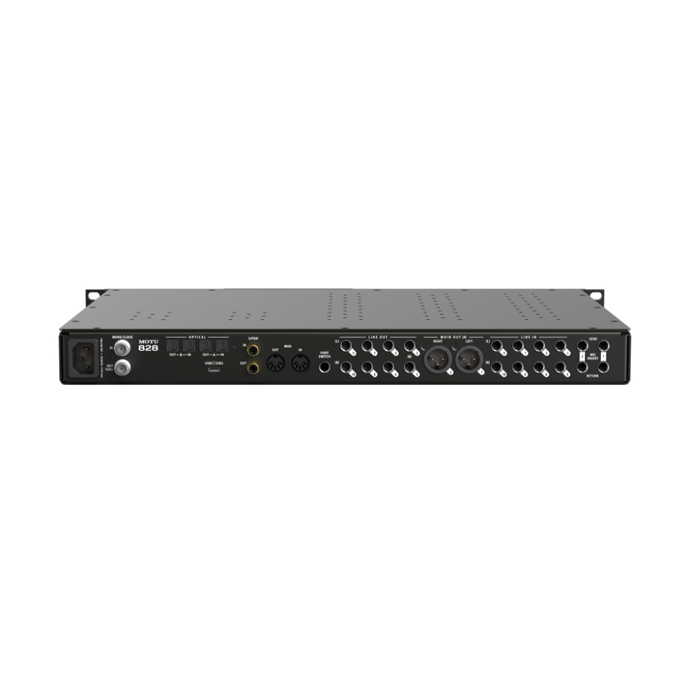 MOTU 828 28×32入出力 USB3オーディオインターフェイス スタンドアローンミキサー&コンバーター リア斜めアングル画像