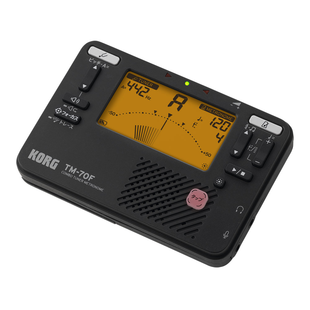 チューナー メトロノーム コルグ KORG TM-70F BK 吹奏楽 管楽器 弦楽器 ブラスバンド オーケストラ チューナーメトロノーム 黒 ブラック 斜めアングル画像