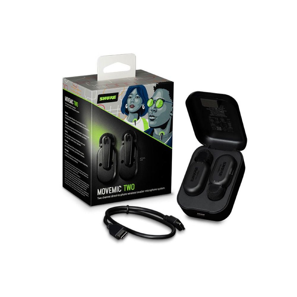 SHURE シュアー MV-TWO-J-Z6 MoveMic Two 2チャンネルのクリップオンワイヤレスマイクロホン ワイヤレスマイク シュア スマートフォンに直接音声送信 製品内容