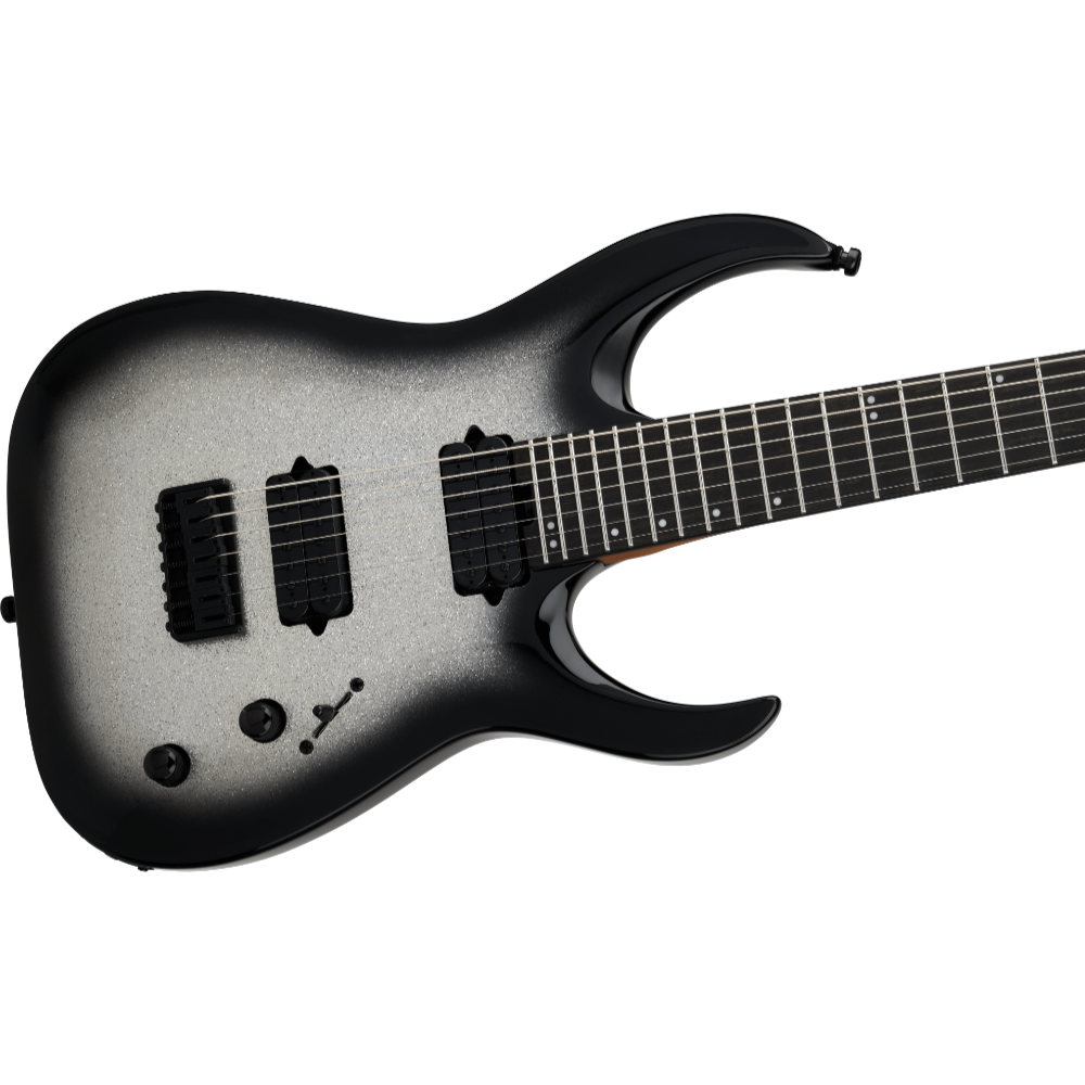 Jackson ジャクソン Pro Plus Series Signature Misha Mansoor Juggernaut HT7 Silverburst Sparkle 7弦エレキギター ボディ斜めアングル画像
