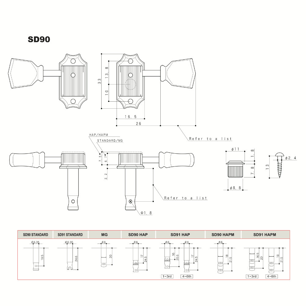 ゴトー GOTOH SD90-MG-SL-L3R3-Nickel ギター用ペグ サイズ詳細