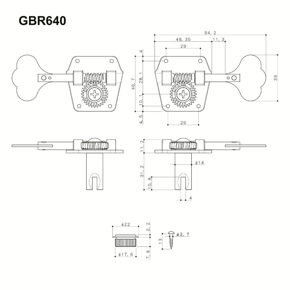 ゴトー GOTOH GBR640-L4-Nickel ベース用ペグ サイズ詳細