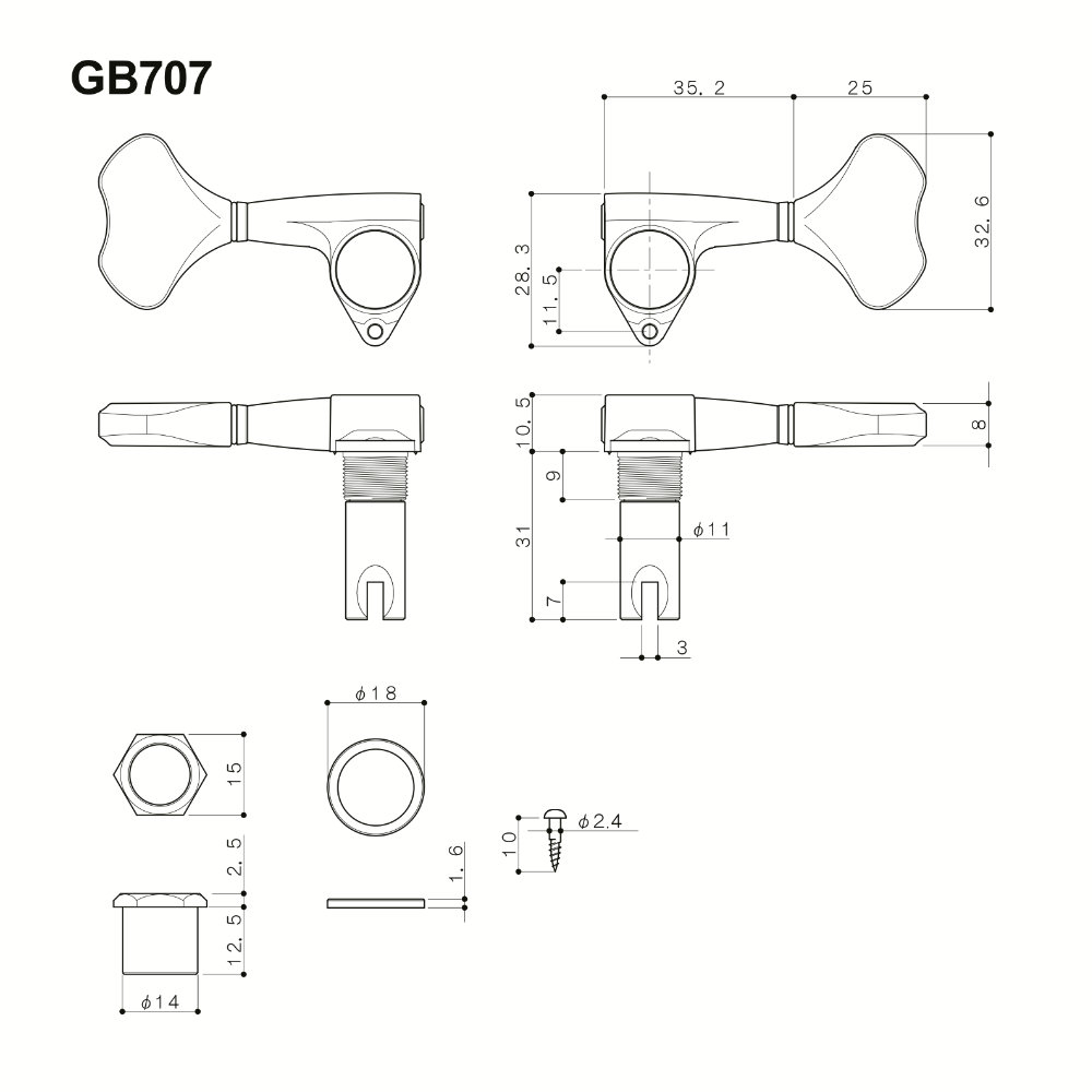 ゴトー GOTOH GB707-L2R2-Gold ベース用ペグ サイズ詳細