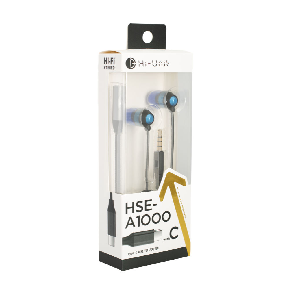 Hi-Unit ハイユニット HSE-A1000wC-BL リモコンマイク+変換アダプタ付 イヤホン ブルー パッケージ