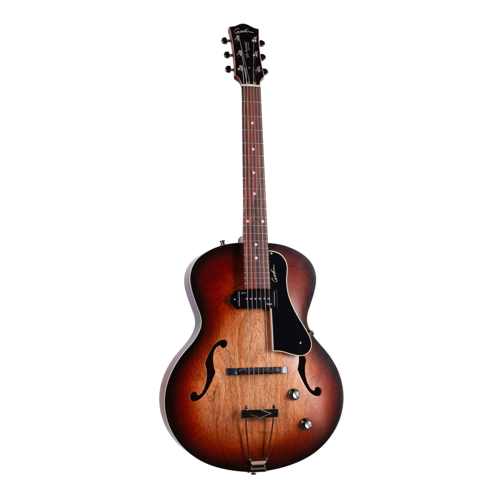 Godin ゴダン 5th Avenue Kingpin P90 Vintage Burst エレキギター フルアコギター 斜めアングル画像