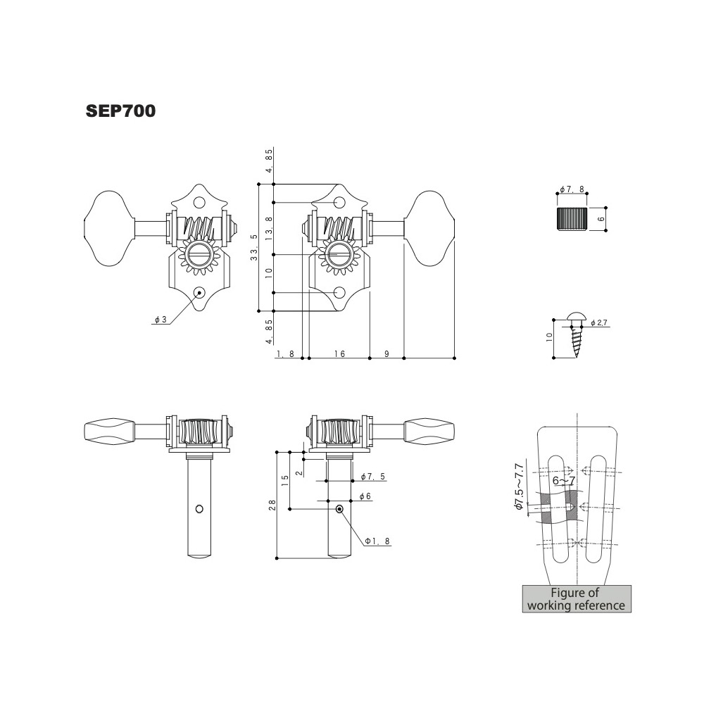 ゴトー GOTOH SEP700-06M-L3R3-Nickel for Slotted Head ギターペグ ゴトー GOTOH SEP700-06M-L3R3-Nickel for Slotted Head ギターペグ_寸法図
