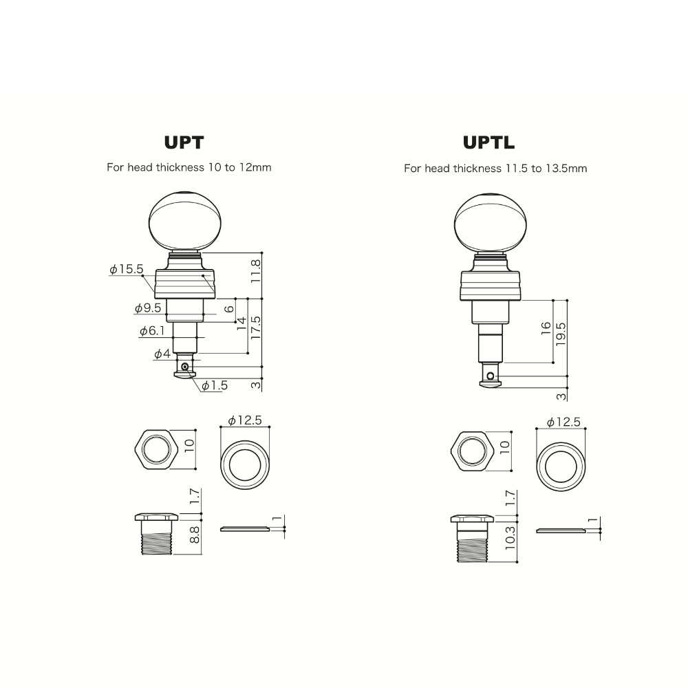 ゴトー GOTOH UPT-UBB-CW ウクレレ用ペグ クロームホワイト ギアペグ サイズ詳細