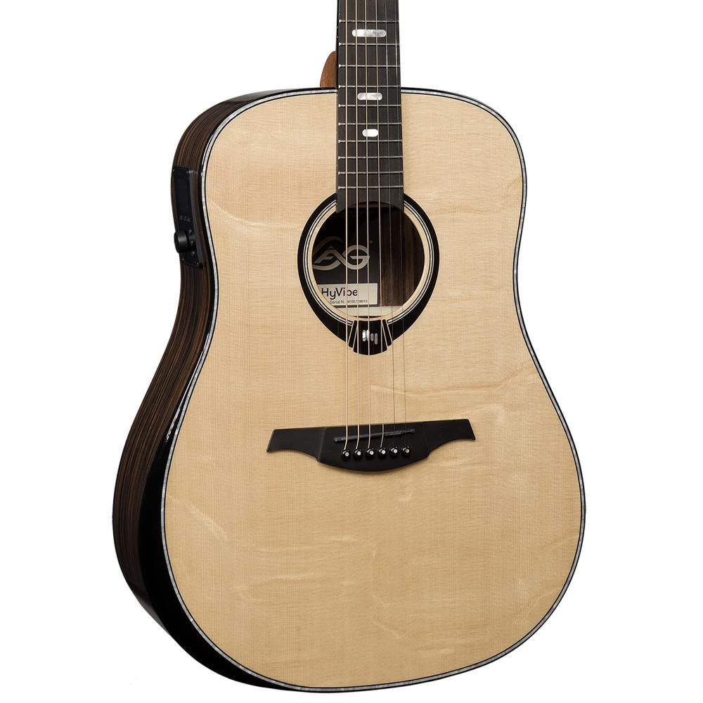 アコースティックギター LAG GUITARS HV50DE NEW HYVIBEシリーズ スマートギター ドレッドノートサイズ マッカーサーエボニーバック&サイド ボディ左斜め画像