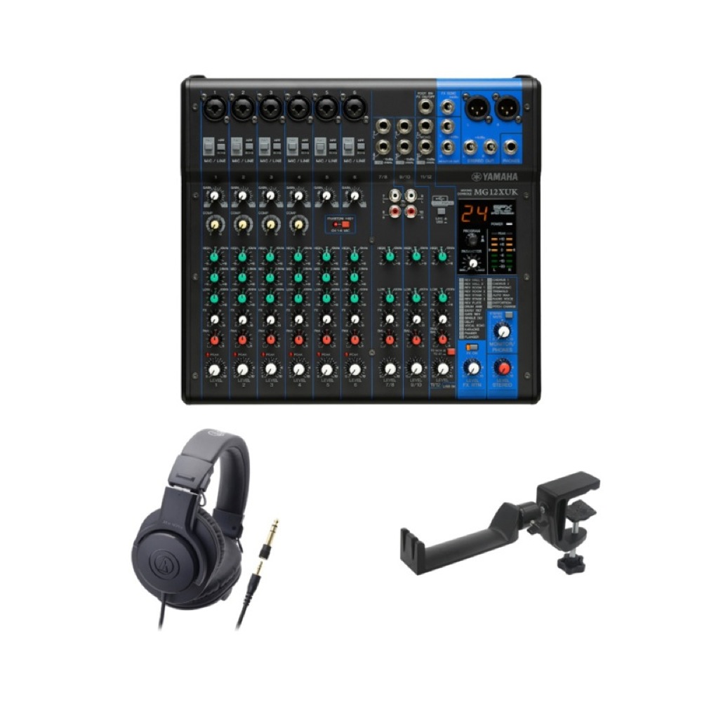 YAMAHA MG12XUK オーディオインターフェイス アナログミキサー AUDIO-TECHNICA ATH-M20x モニターヘッドホン SEELETON マルチアングル ヘッドホンハンガー 3点セット