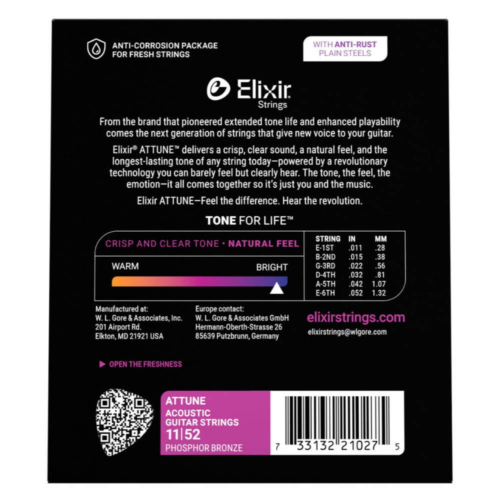 ELIXIR エリクサー 21027 ACOUSTIC ATTUNE 11-52 Phosphor Bronze Custom Light アコースティックギター弦×3セット 裏面画像