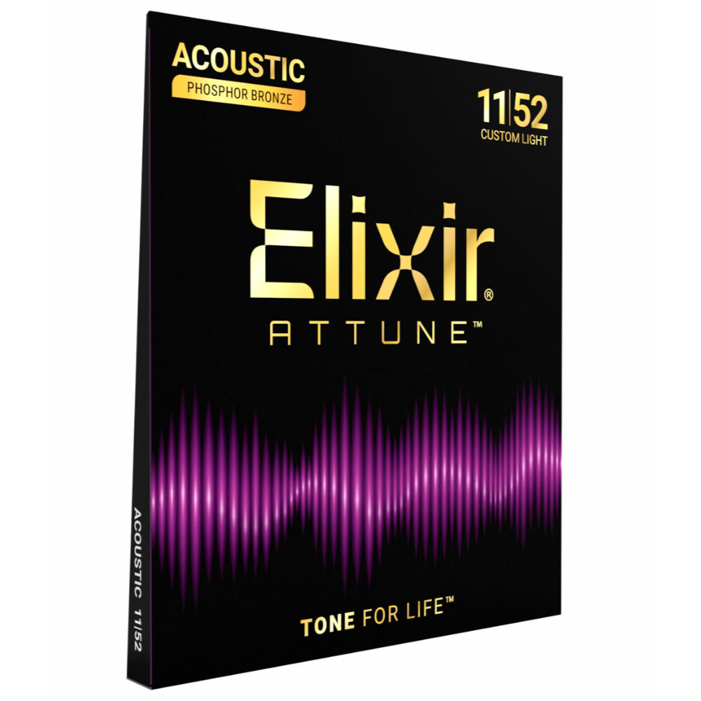 ELIXIR エリクサー 21027 ACOUSTIC ATTUNE 11-52 Phosphor Bronze Custom Light アコースティックギター弦×3セット 斜めアングル画像