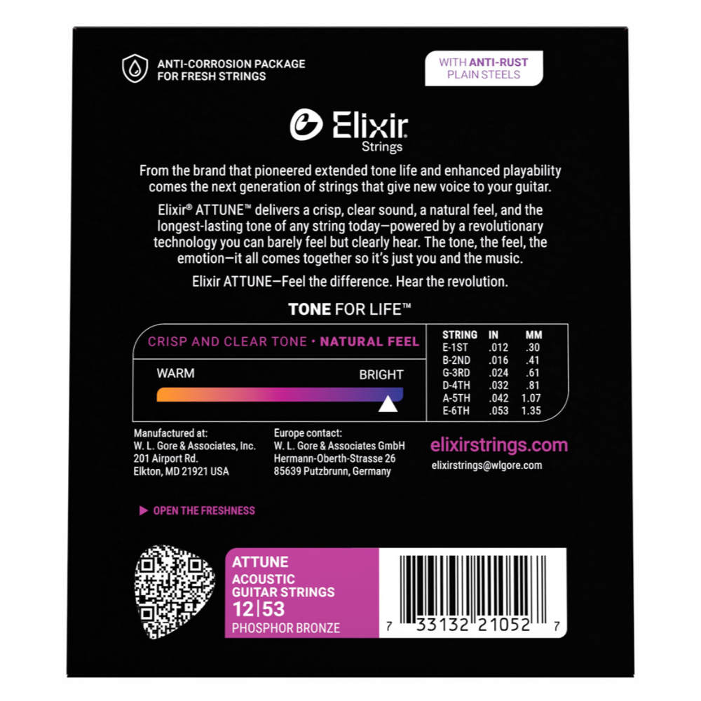 ELIXIR エリクサー 21052 ACOUSTIC ATTUNE 12-53 Phosphor Bronze Light アコースティックギター弦×2セット 裏面画像