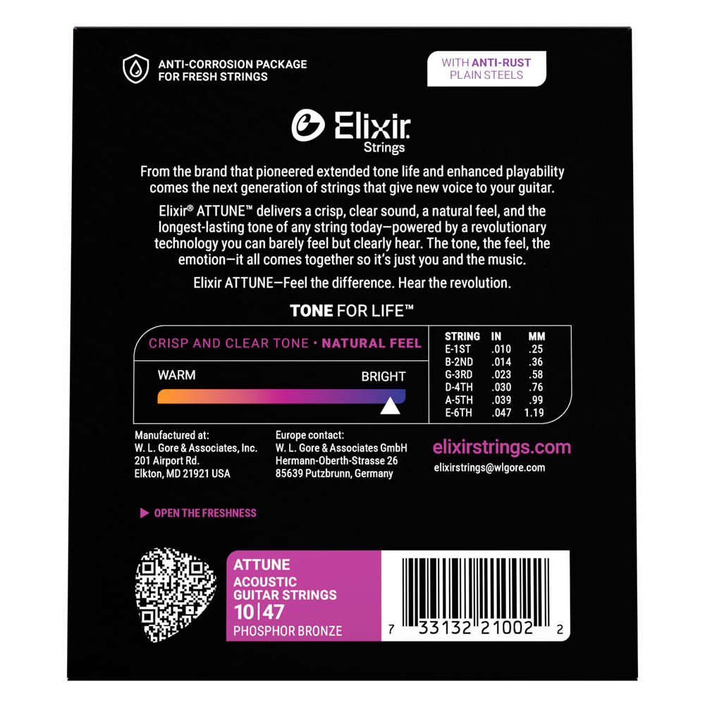 ELIXIR エリクサー 21002 ACOUSTIC ATTUNE 10-47 Phosphor Bronze Extra Light アコースティックギター弦×3セット バック画像
