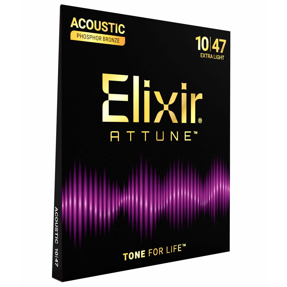 ELIXIR エリクサー 21002 ACOUSTIC ATTUNE 10-47 Phosphor Bronze Extra Light アコースティックギター弦×3セット 斜めアングル画像