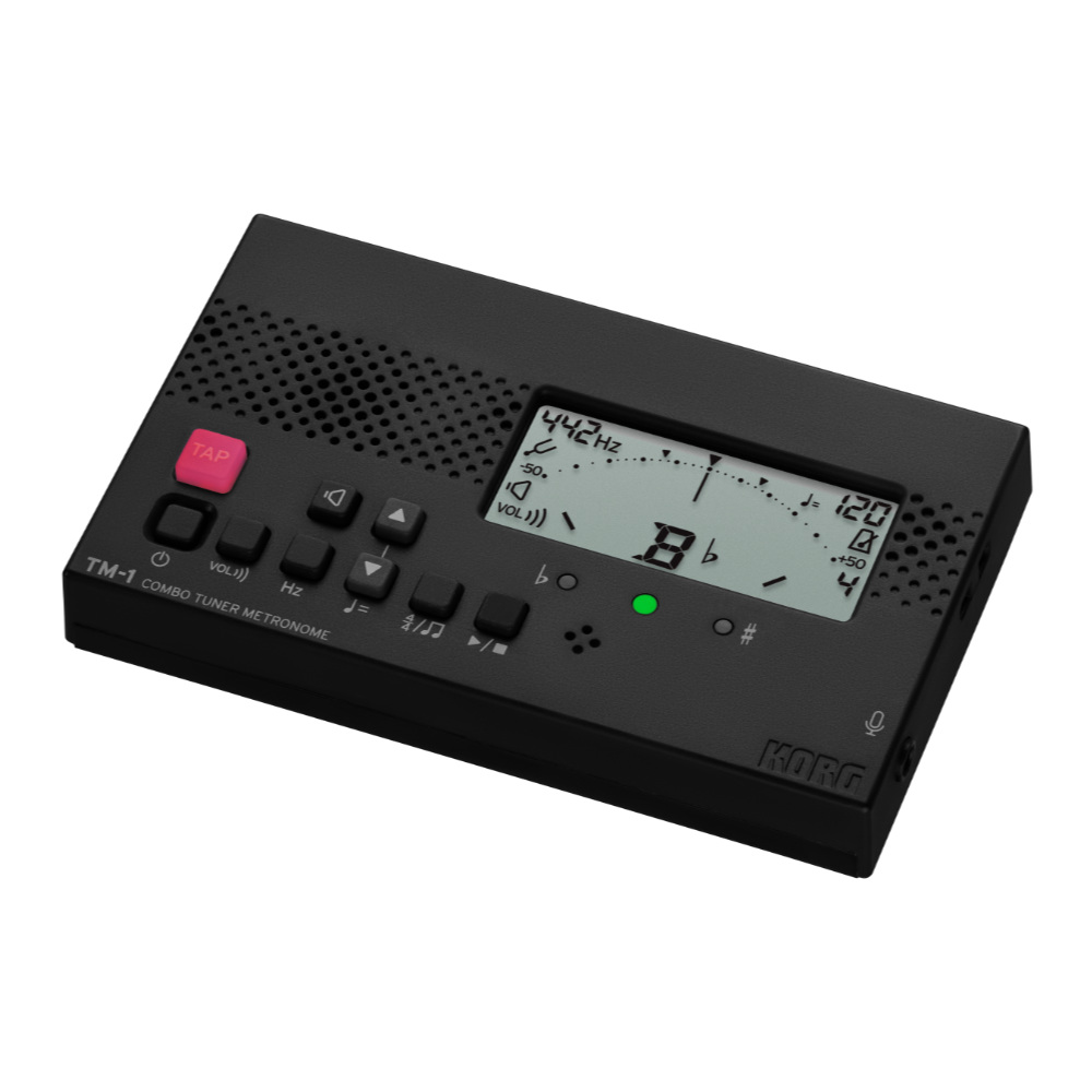 KORG TM-1 BK チューナー&メトロノーム クリップマイク付きセット 吹奏楽 管楽器 弦楽器 ブラスバンド オーケストラ 斜めアングル画像